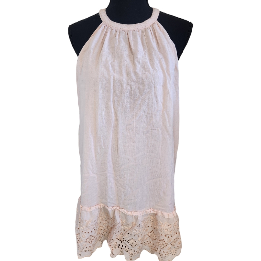 LOFT eyelet lace ruffle halter mini dress ruffle light blush pink size small